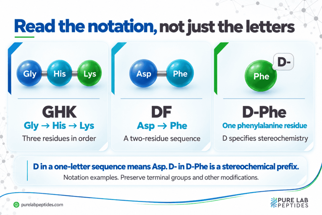 Amino-acid notation shows GHK as three residues and distinguishes the sequence DF from D-phenylalanine.
